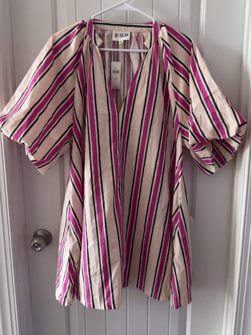 Bel Kazan Pink & Cream Striped Puff-Sleeve Tunic Dress